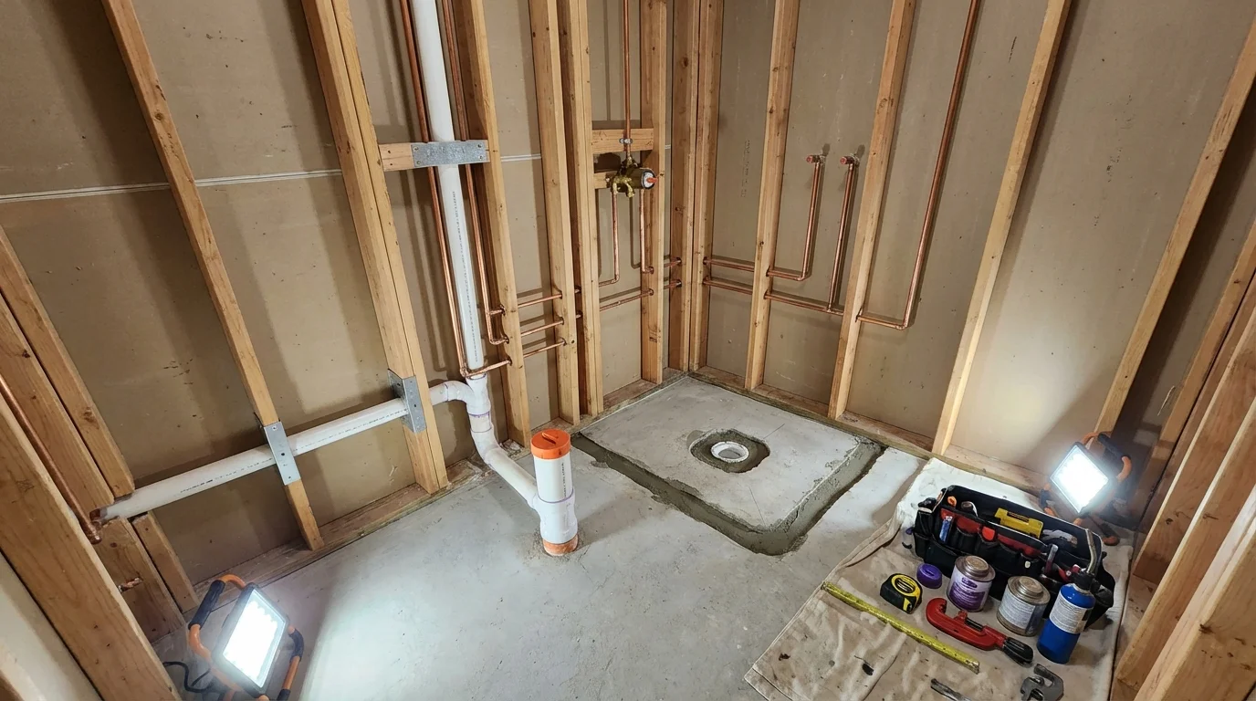 Bathroom rough-in plumbing during remodel by Johns Plumbing LLC in Dillonvale
