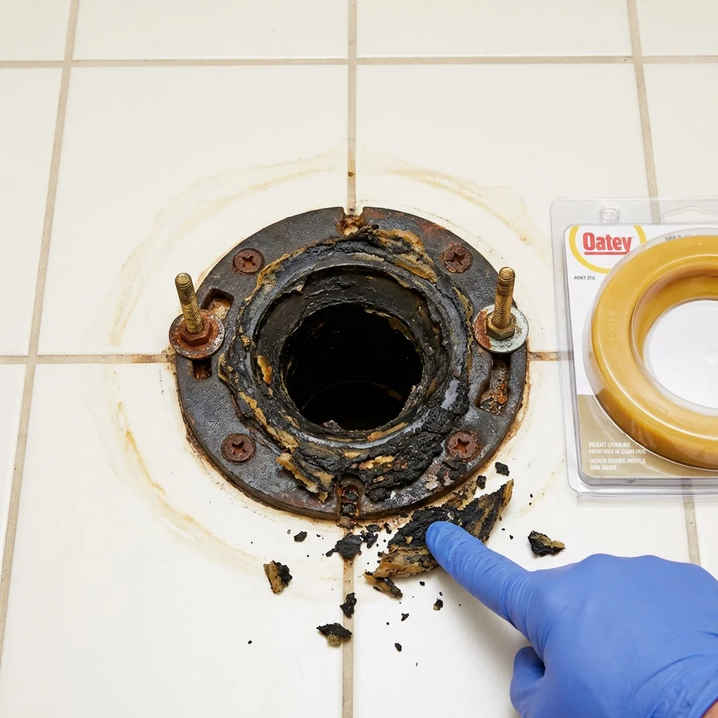 Failed wax ring showing water seepage at the base of a toilet in a Dillonvale, OH home
