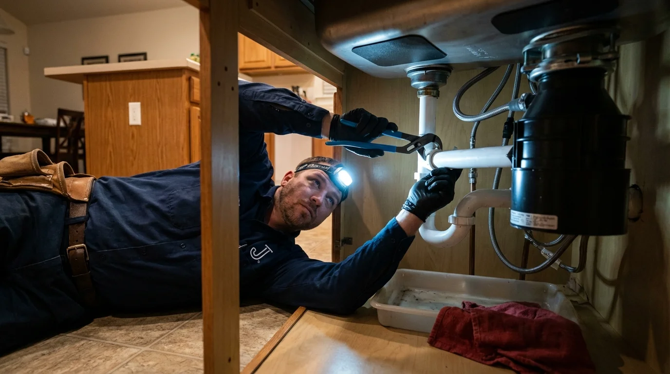 P-trap and supply line connections under a kitchen sink showing a common leak point in Dillonvale, OH